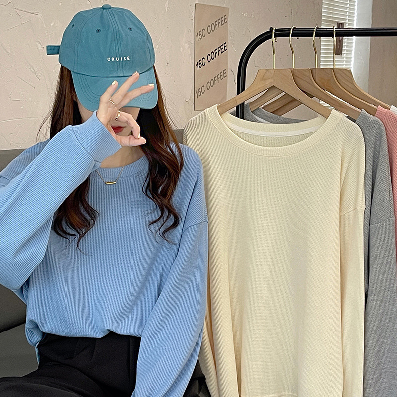 Spring and Autumn New Solid Color Fashion Long Sleeve Round Neck Hoodie for Female Students BF Style Loose Medium Length Top dongdumaoyi