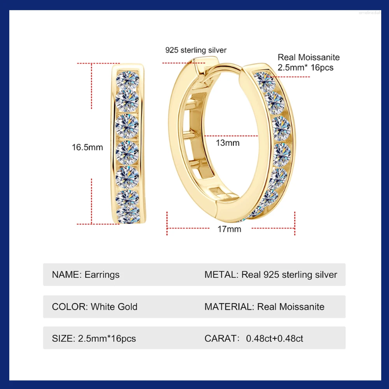 Hoop Earrings 14K Gold Plated For Women 2.5mm Moissanite Diamond Certified 925 Silver Hypoallergenic Studs Piercing Jewelry