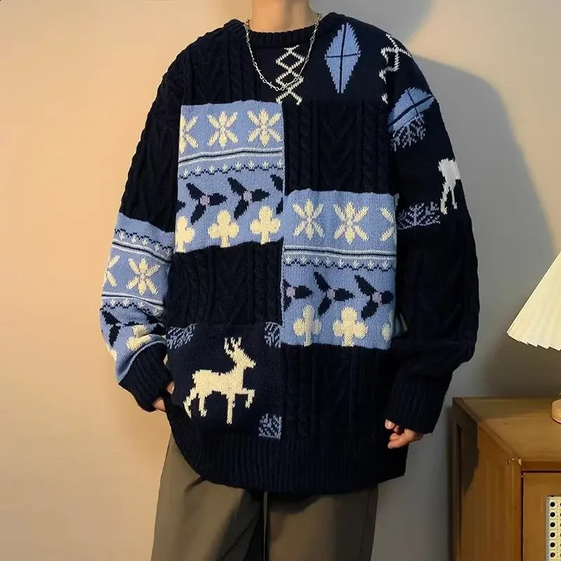 Idle Style Sweater Mens Autumn Winter Hong Kong Style Ins Trendy Knitted Top Youth Vintage Splicing Loose Fit Woolen Coat 240821