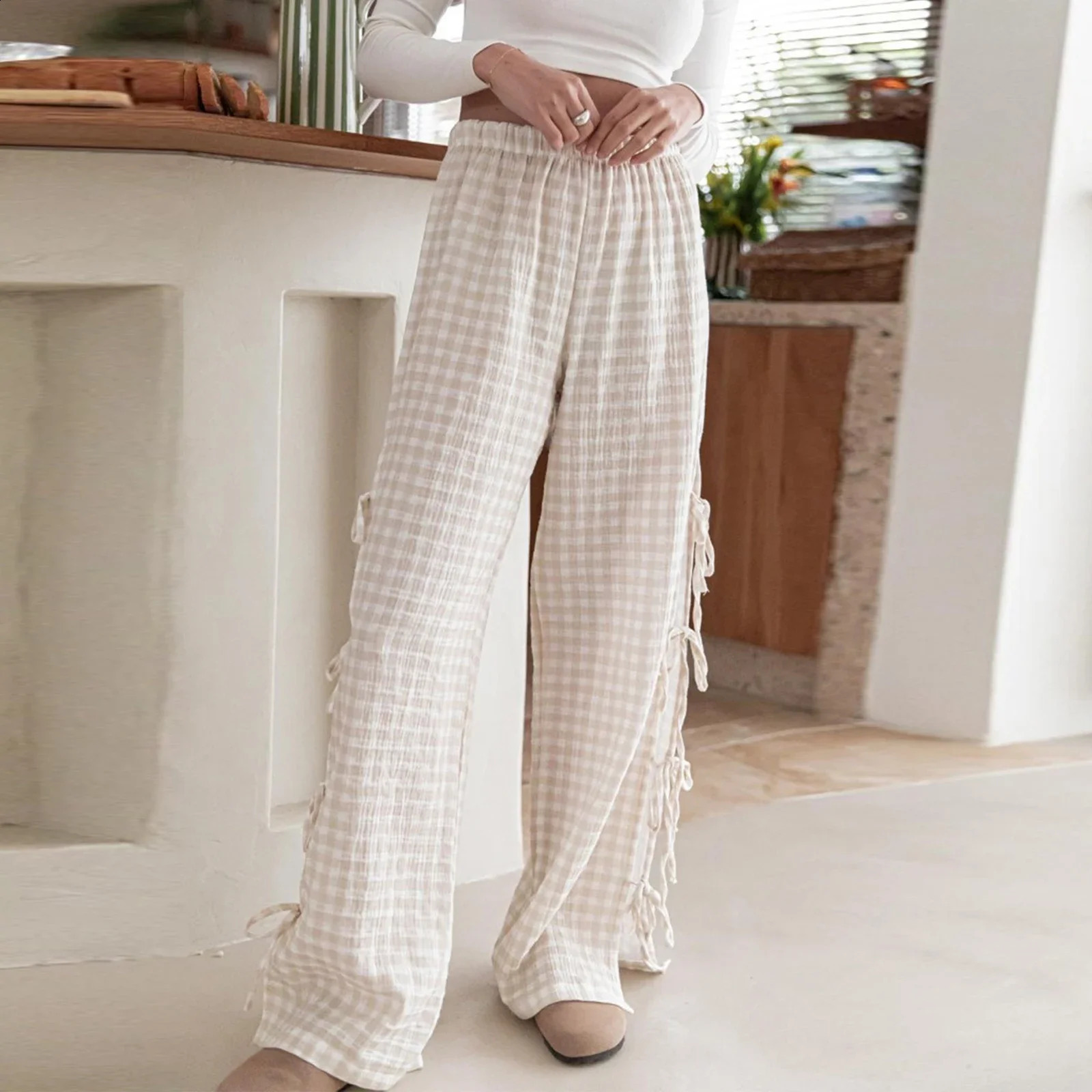 Combhasaki Womens Y2K Wide-Leg Long Pants Plaid/Stripe Print Side Tie-Up Hollowed Out Aesthetic Loose Trousers Casual Bottoms 240821