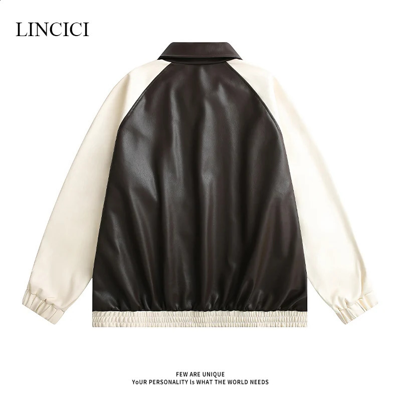 Autumn Loose Mens Retro Leather Jacket with Color Blocking and Hidden Button n Unisex Solid Color Youth Jacket 240822