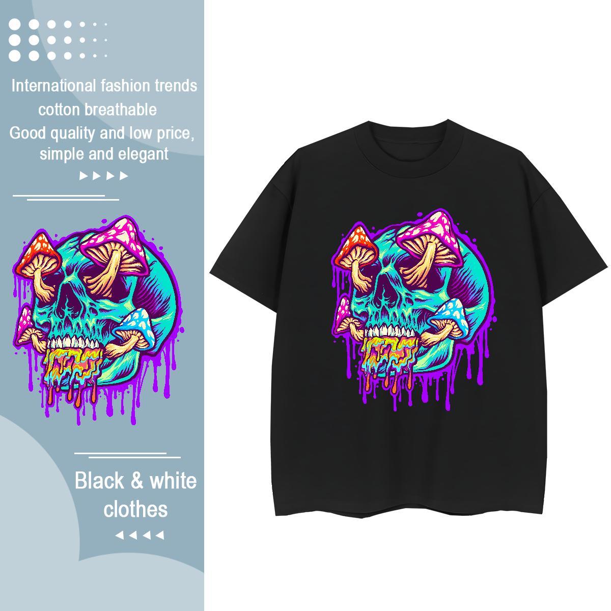Classic T-Shirts for Women 230g Pure Cotton Round Neck Short Sleeve Casual Daily Wear skull Tshirt for Man Woman High quality Black Oversized Polos