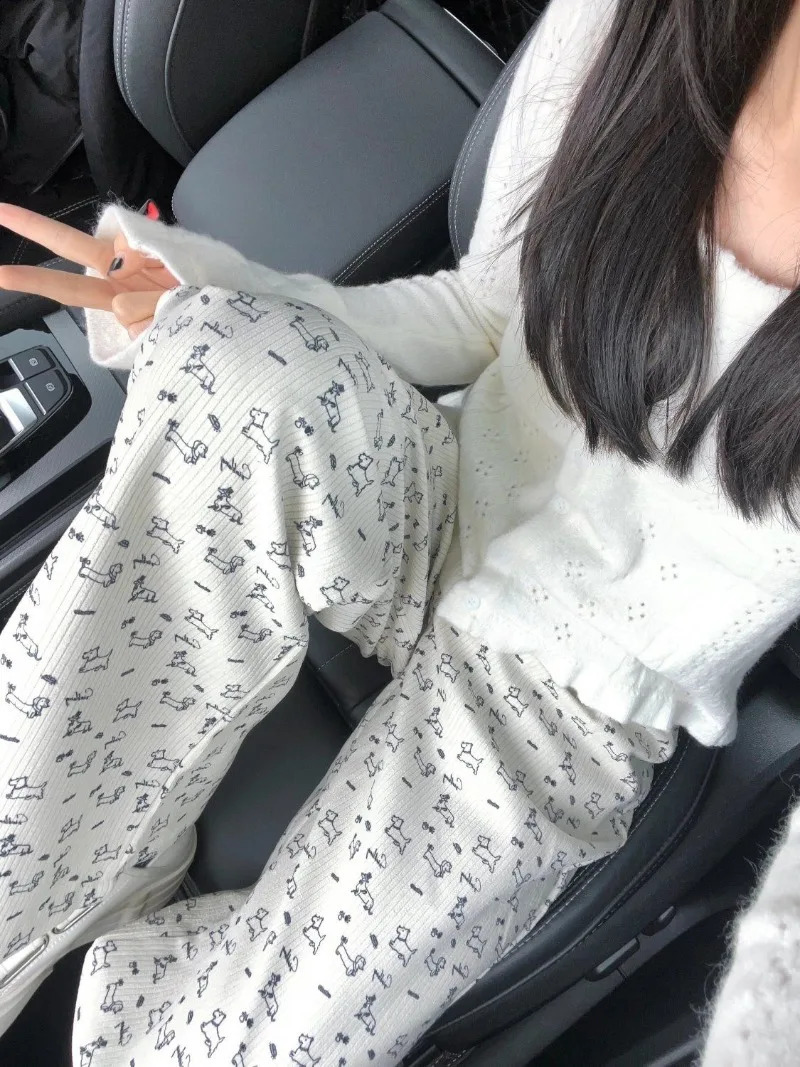 Loose Straight Casual Japanese Pant Korean Wide Leg Sweet Cartoon Women Kawaii Dog Print Pants High Waist Trousers Y2k 240821