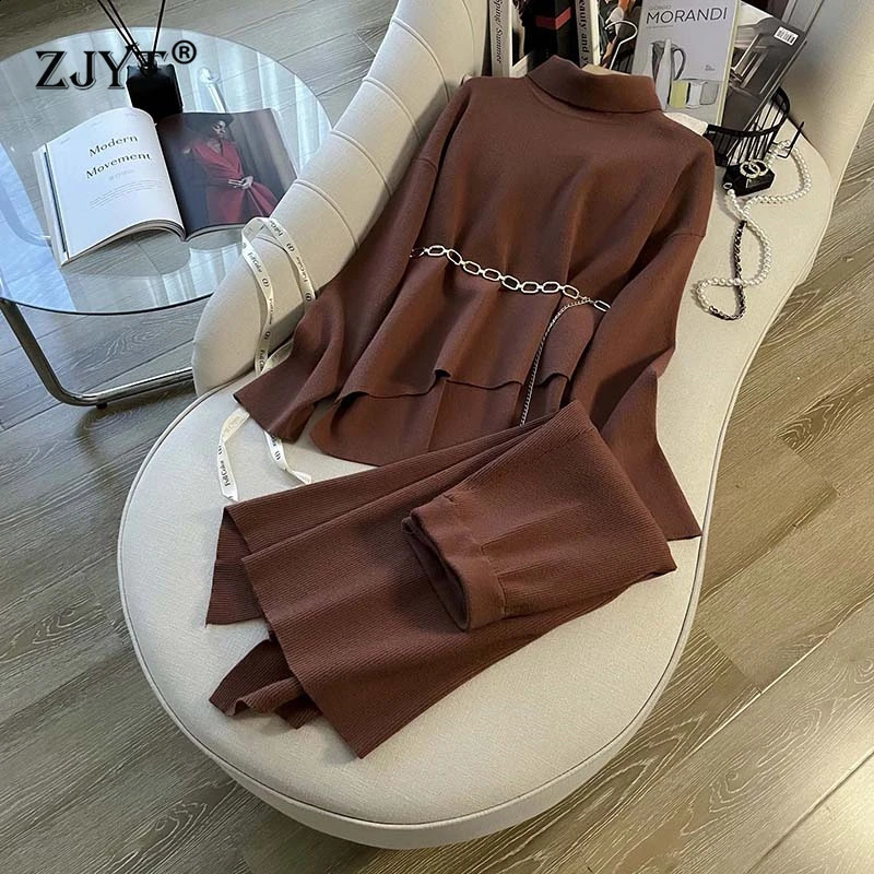 ZJYT Autumn Knitted Dress Set 2piece Womens Fashion Long Sleeve Navy Blue Neck Sweater and Belt Tight Clothes 240821