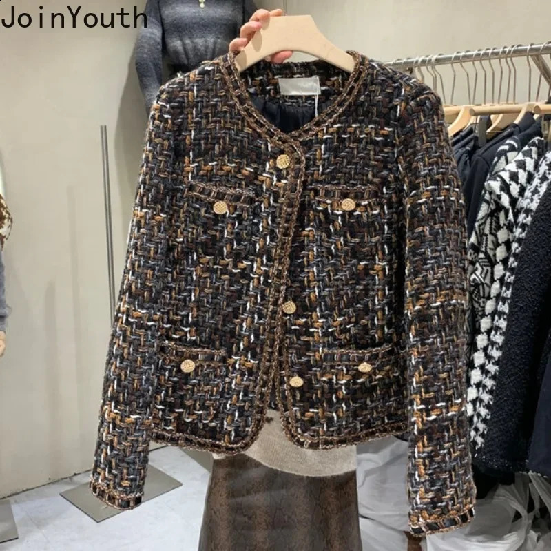 Vintage Jackets Women Clothing O-neck Long Sleeve Pocket Tweed Temperament Tops Fashion Korean Cropped Coat Y2k Clothes