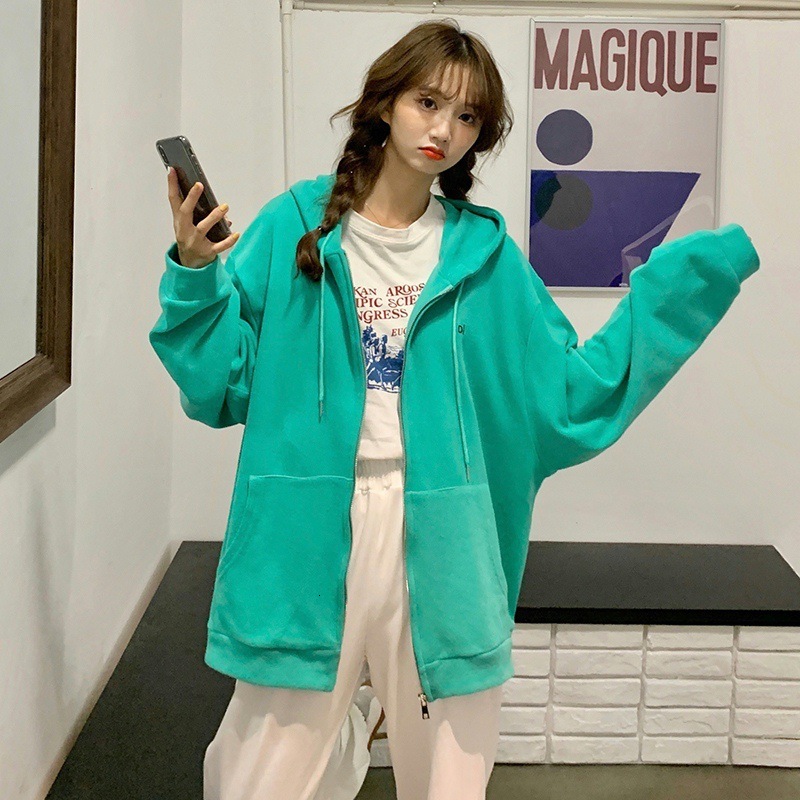 Korean version sports leisure hooded zipper cardigan sweater jacket for women autumn and winter BF style loose top trend dongdumaoyi