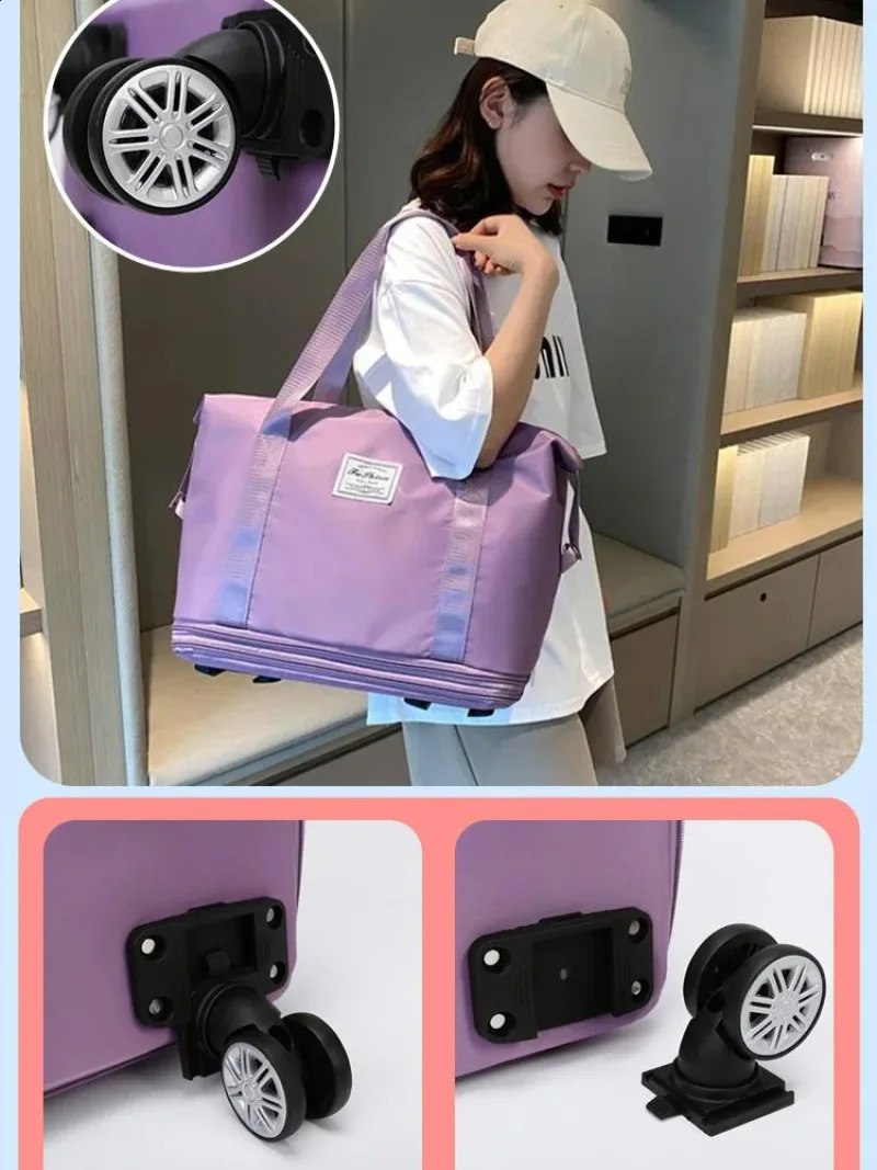 Travel cart with wheels storage bag waterproof pulley portable foldable expandable fashionable large capacity clothing 240821