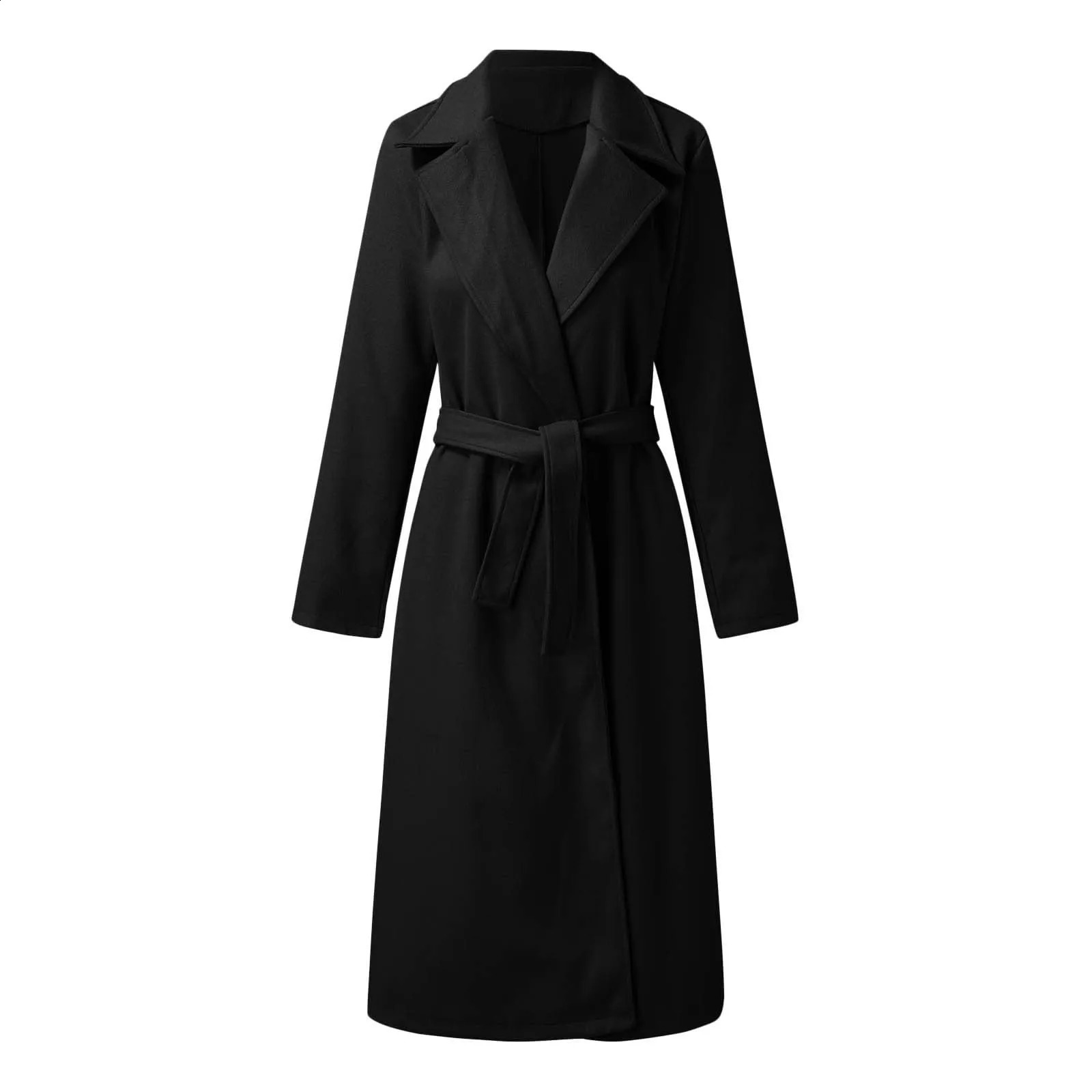 Womens Winter Woolen Coat Elegant Lapel Trench Coat Solid Color Long Jacket Work Tie Long Coat 240822