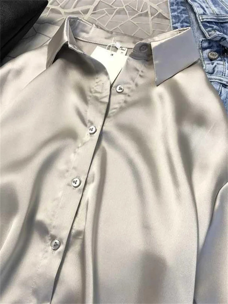 Eotvotee satin long sleeved shirt button top womens elegant highquality office silk 240822