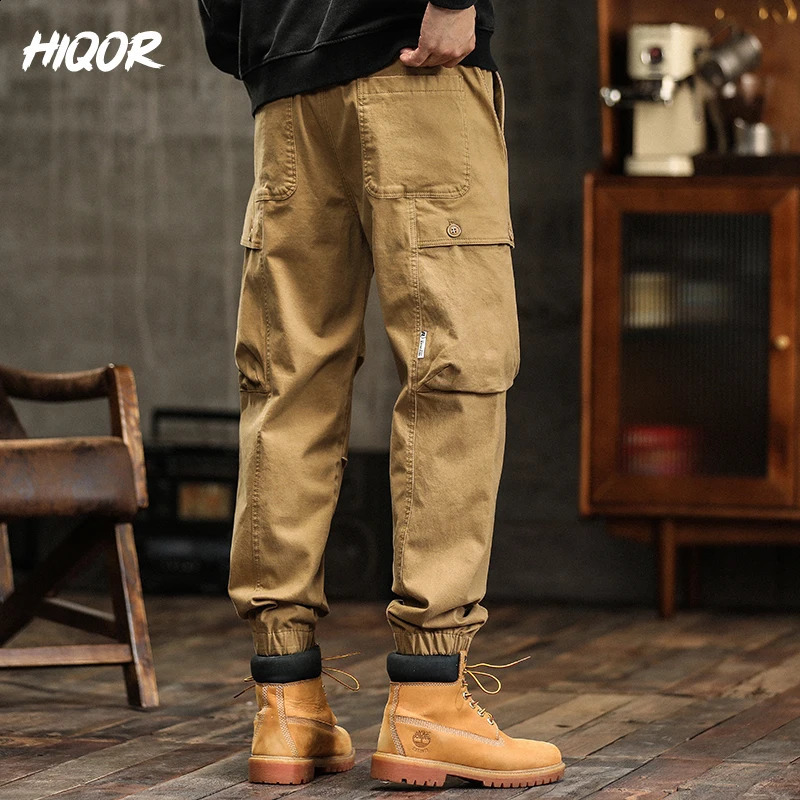 HIQOR Mens Clothing Large Pocket Loose Overalls Men Outdoor Sports Joggers Man Cargo Pants Cotton Casual Baggy Streetwear Male 240822