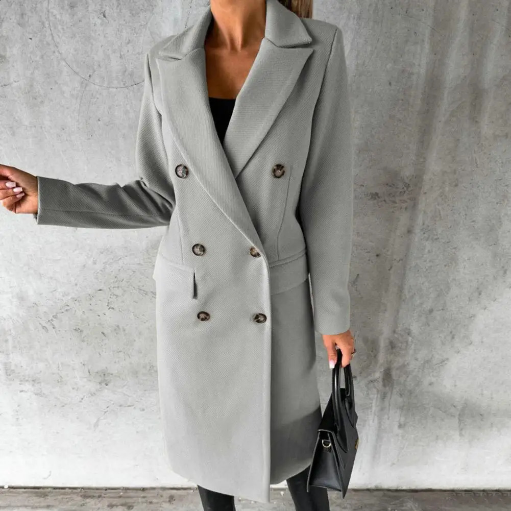 Women Long Jacket Slim Fit Double Breasted Solid Color Woolen Coat Autumn Winter Turndown Collar Outerwear Overcoat 240822