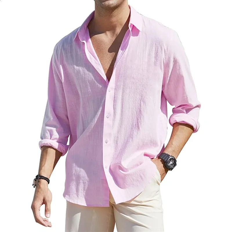 European and American mens loose long sleeved linen shirt mens business casual button up shirt lightweight and breathable va 240822