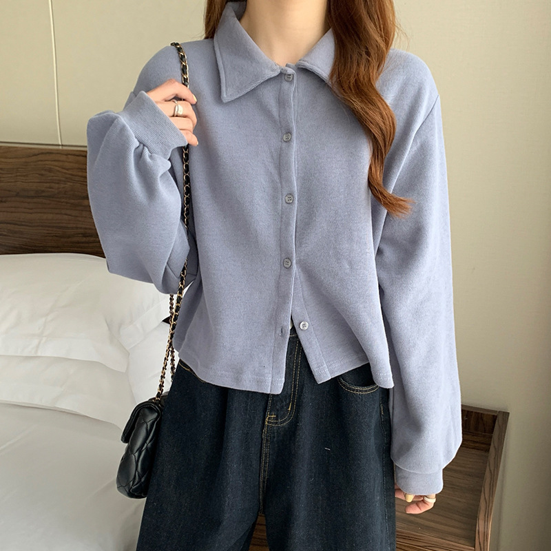 Spring and Autumn New BF Style Loose Polo Collar Short Long Sleeve Hoodie Women's Cardigan Solid Color Top Trendy dongdumaoyi