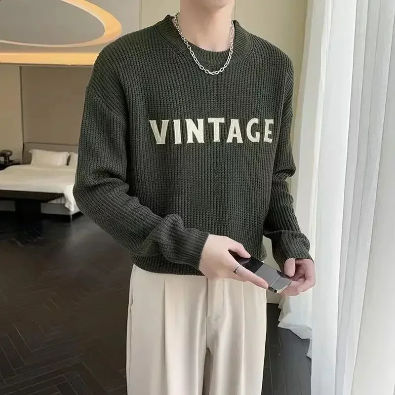 Mens clothing letter embroidery knitted sweater mens Pulleys green hooded sweatshirt wool Korean fashion autumn item 240821