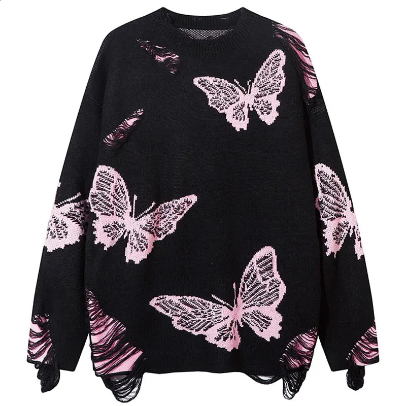 Vintage Oversized Sweater Y2K Grunge Ripped Hole Knitted Butterfly Punk Gothic Jumpers Streetwear Hip Hop Long Sleeve Sweaters 240821