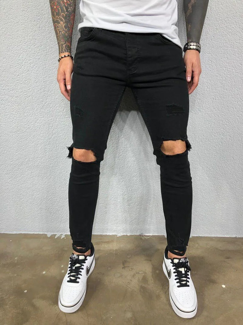 Mens Jeans Streetwear Ripped Skinny Hip Hop Man Fashion Estroyed Oversize Pants Solid Color Male Stretch Casual Denim Trousers 240821