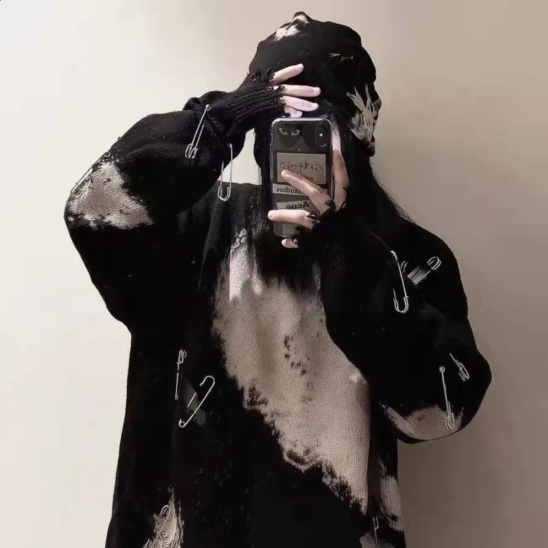 Deeptown Grunge Y2k Black Tear Sweater Womens Retro Distressed Knitted Jumper Gothic Oversized Korean Fashion Autumn 240821