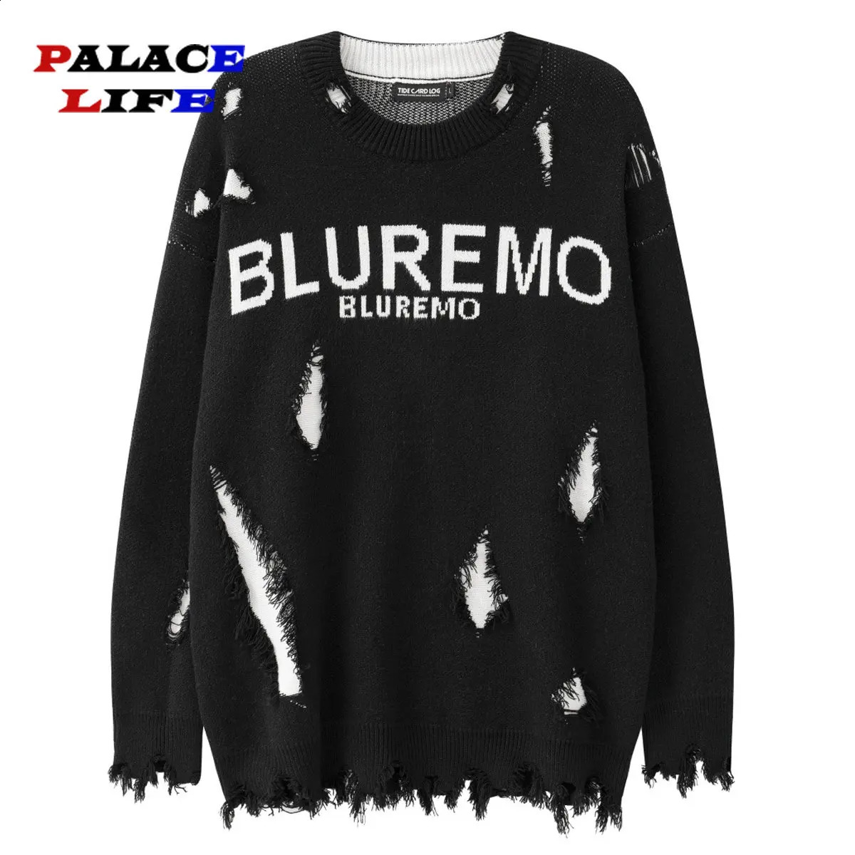 Hip Hop Tassel Hole Knitted Sweater Men Punk Rock Oversized Letter Print Pullover Thick Sweater Cotton Loose Sweater Unisex 240821