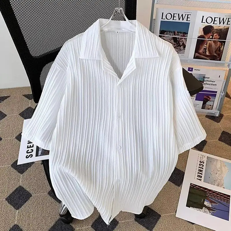 Mens 2024 Summer Spliced Polo Collar Button Screw Thread Fashion Solid Colo Loose and Versatile Casual Short Sleeves Shirts 240821