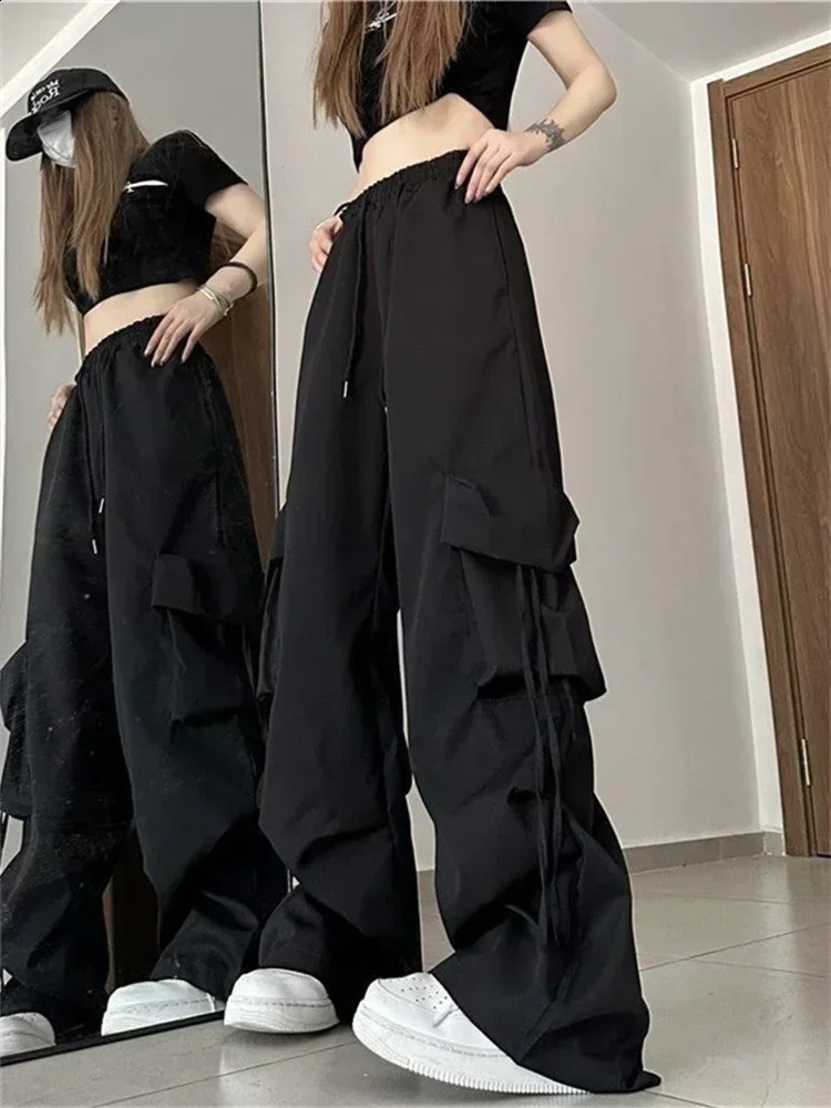 QWEEK Y2K Beige Cargo Pants Woman Streetwear Hip Hop Black Parachute Trousers Oversized Korean Fashion Wide Leg Pink Sweatpants 240821