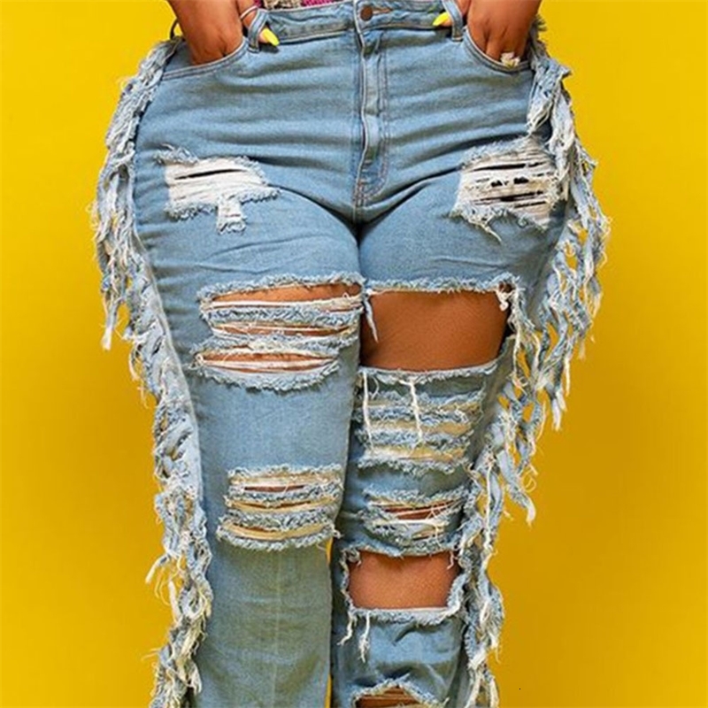 Plus Size Plain Jeans Hole Tassel 240821