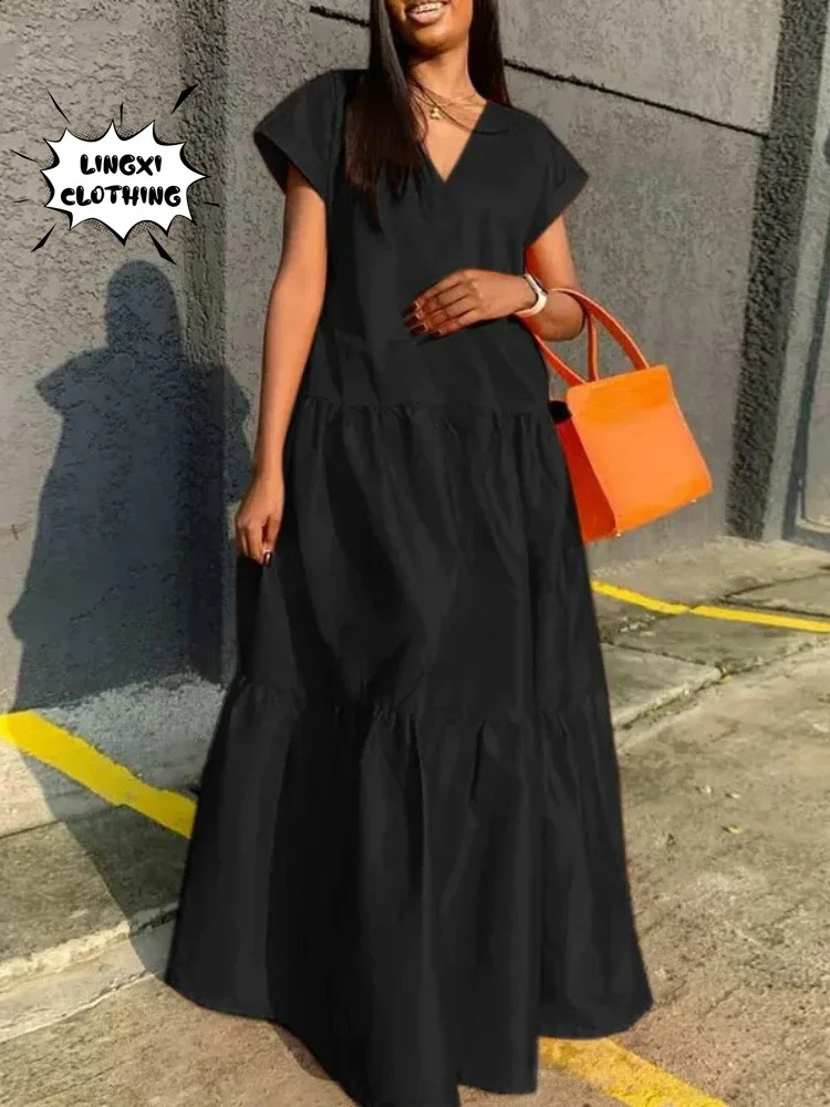 Autumn Womens Large Size Loose Elegant Womens Dress V-Neck Temperament Gathering Womens Gown Sexy Holiday Dress 240822