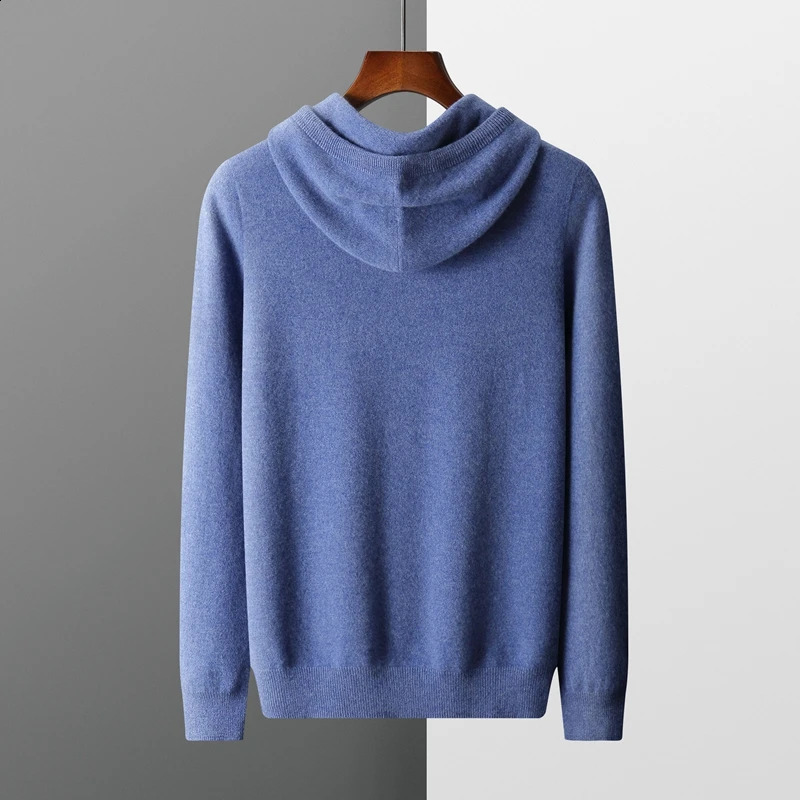 Mens Pullover 100% wool cashmere sweater solid color knitted casual long sleeved mens pure hooded w240821