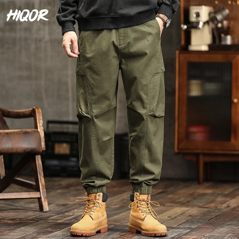 HIQOR Mens Clothing Large Pocket Loose Overalls Men Outdoor Sports Joggers Man Cargo Pants Cotton Casual Baggy Streetwear Male 240822