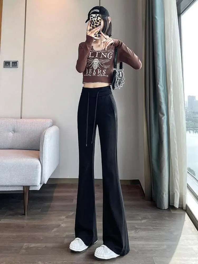 Womens Black Long Pants Slim Bell-bottoms High Waist Autumer Winter Korean Fashion Y2k Gray Casual Drawstring Bandage Trousers 240821