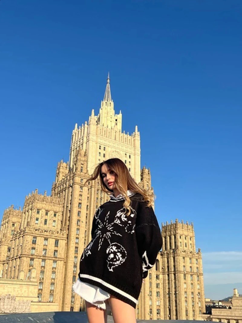 Vintage Star graphics Harajuku Oversized Y2K Sweater Women Knitted Sweater Print Winter Thick Female Pullovers Casual Tops 240821