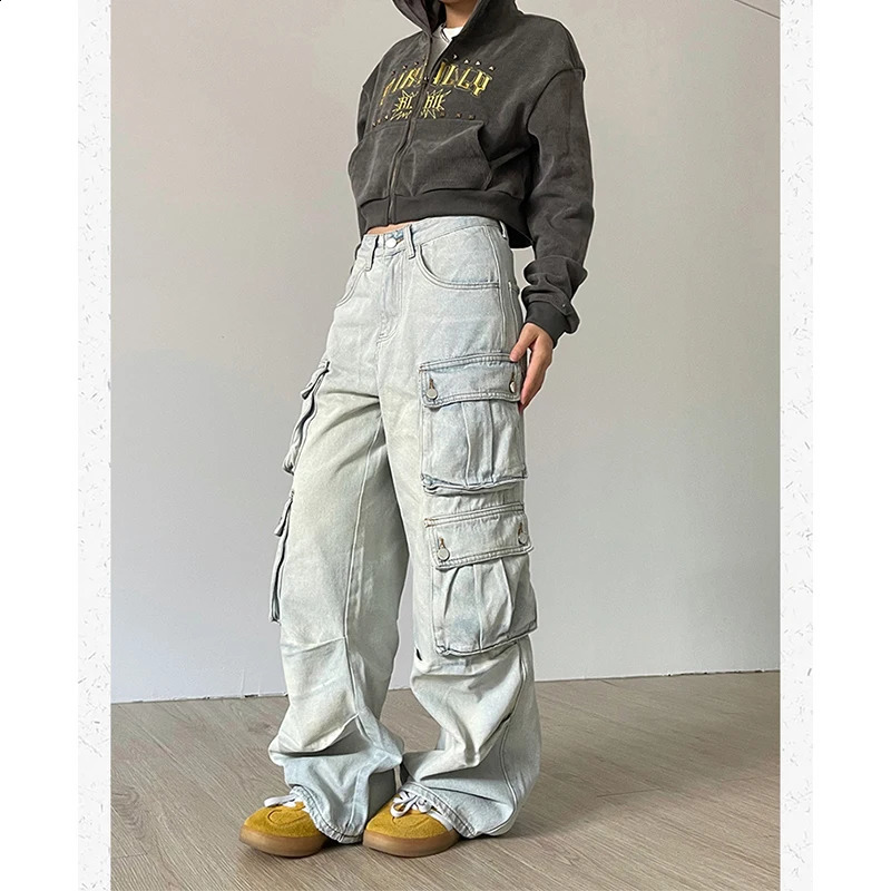 Women Blue Jeans Hip Hop Strtwear High Waist American Wide Leg Pants Y2K Style Female Winter Straight Trousers Z260313
