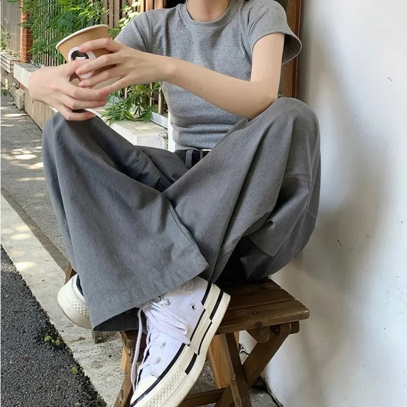 Deeptown Gray Vintage Suit Pants for Women Oversized Elegant Korean Fashion Slack Classic Trousers Office Ladies Palazzo Loose 240821