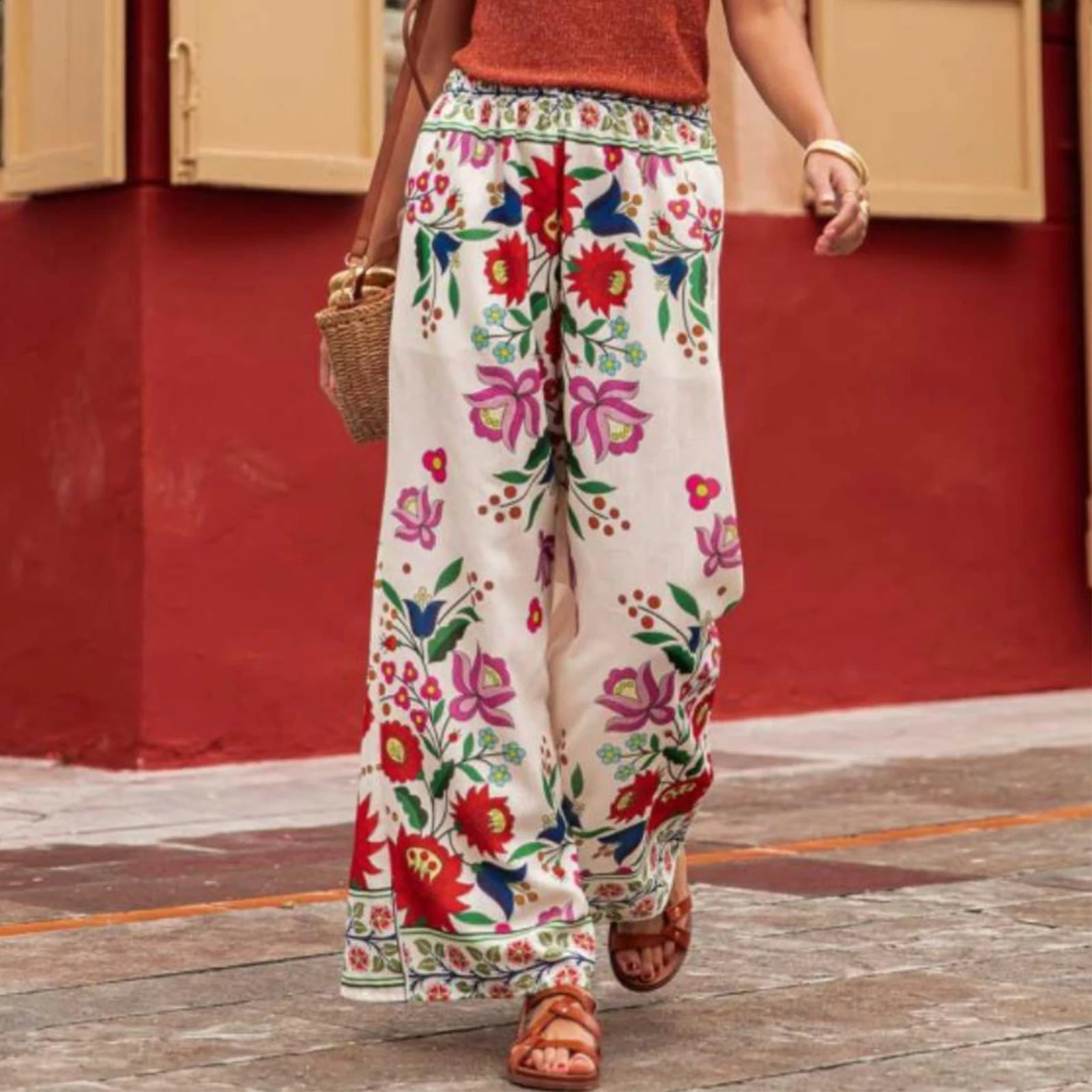 Hirigin Vintage Boho Women Wide Leg Pants Casual Floral Print Loose Elastic Waist Trousers Y2K Holiday Beach Streetwear 240821