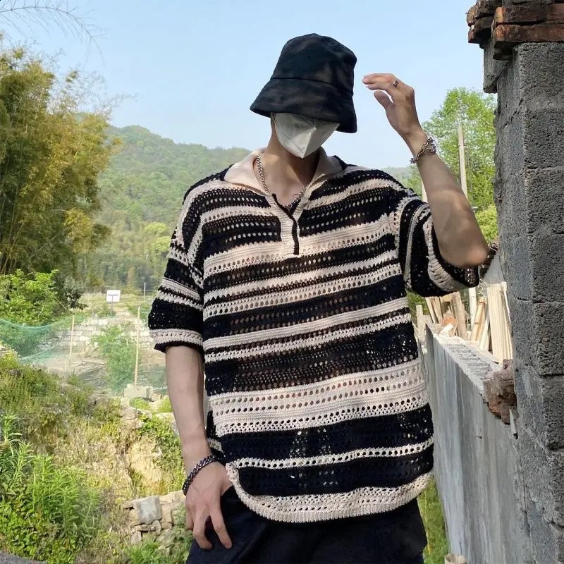 2024 Summer Fashionable and Personalized Hollowed Out Contrasting Striped Printed Loose Casual Short Sleeved Polo Shirt 240821