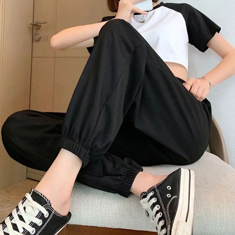 Women Summer Fashion Comfort Thin Ice Silk Sports Joggers Harem Pants Y2K Casual Streetwear Sweatpants Loose Trousers Pantalones 240821