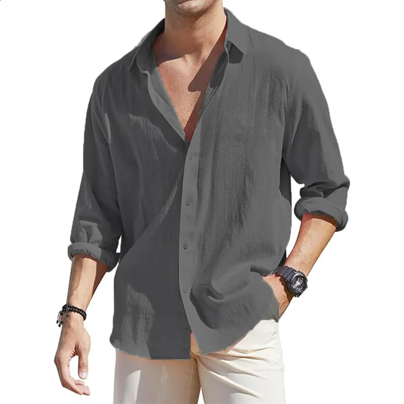 European and American mens loose long sleeved linen shirt mens business casual button up shirt lightweight and breathable va 240822