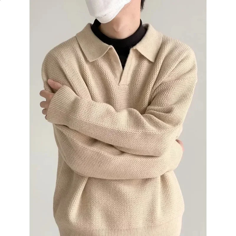 Knitted Sweater Men Old Money Oversize Casual Pullovers for Man Autumn Winter Khaki Polo Tops Male Streetwear Korean 240815