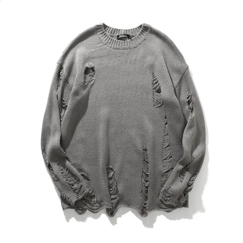 Autumn Winter Ripped Hole Hip Hop Punk Sweater Men Women Street Casual Black White Stripe Vintage Pullovers Sueter 240821