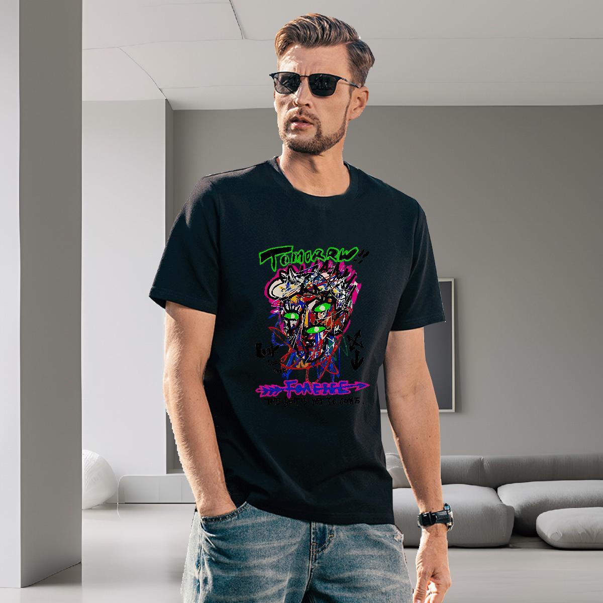 Wholesale Couples T Shirts 230g Cotton High Street Hip Hop tomorrw Round Neck Short Sleeve T-Shirts for Men Soft DIY Printed Tops Shirt