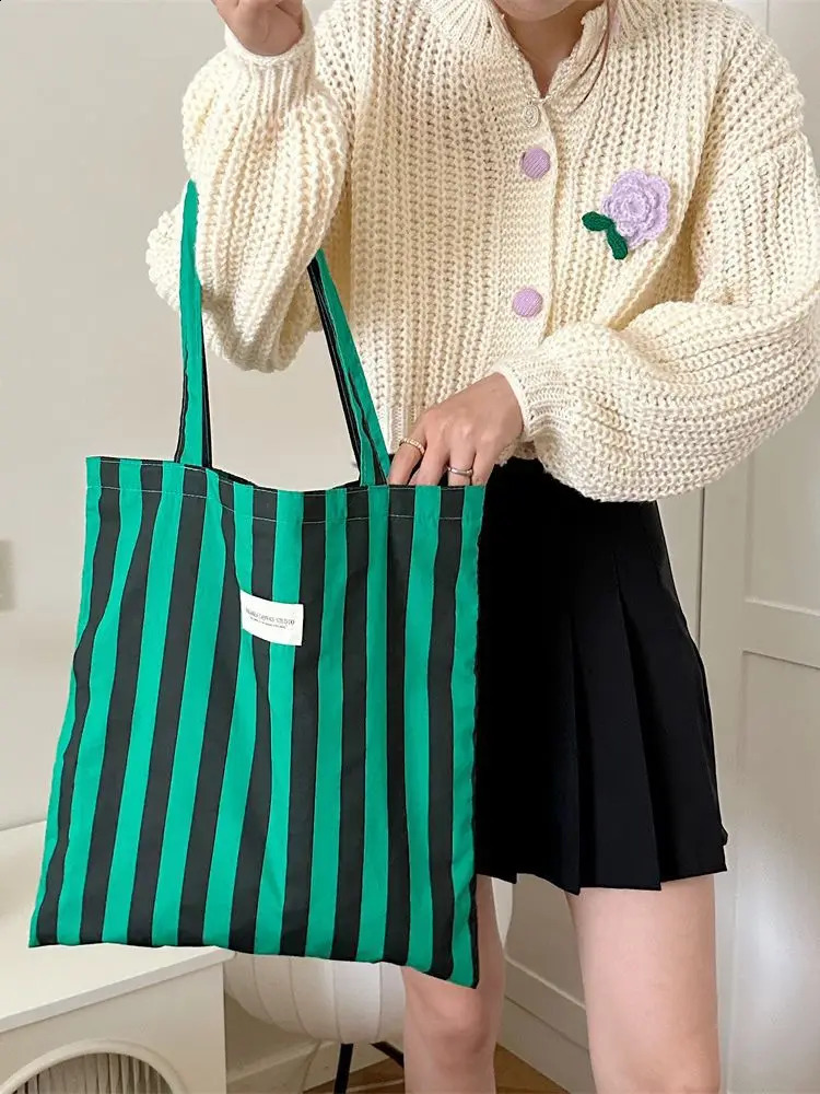 Women Canvas Stripe Tote Shoulder Bags Large Capacity Foldable Eco Cotton Cloth Handbag Female Casual Travel Shopping School Bag 240822