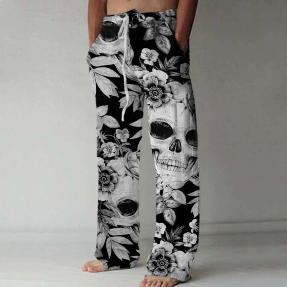 cross-border European and American 3D printed skull mens casual straight leg pants mens loose wide leg 240822