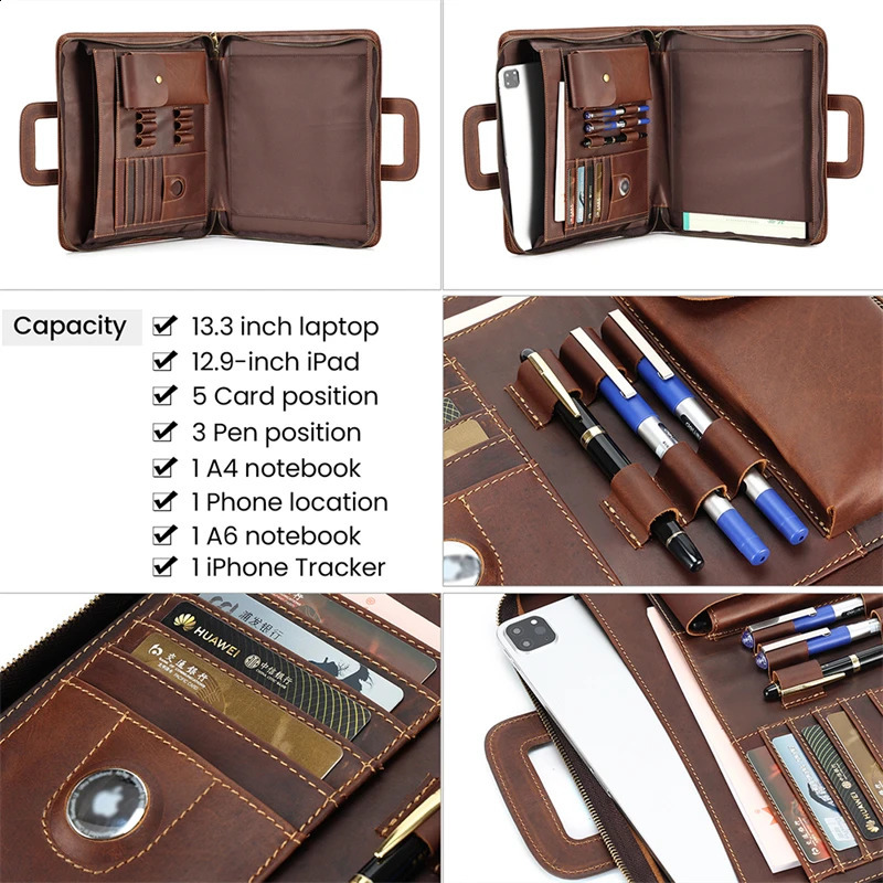 High Quality Vintage A4 Brown Crazy Horse Genuine Leather Executive Office Women Men Briefcase Handbag Portfolio Bag M2215 240821