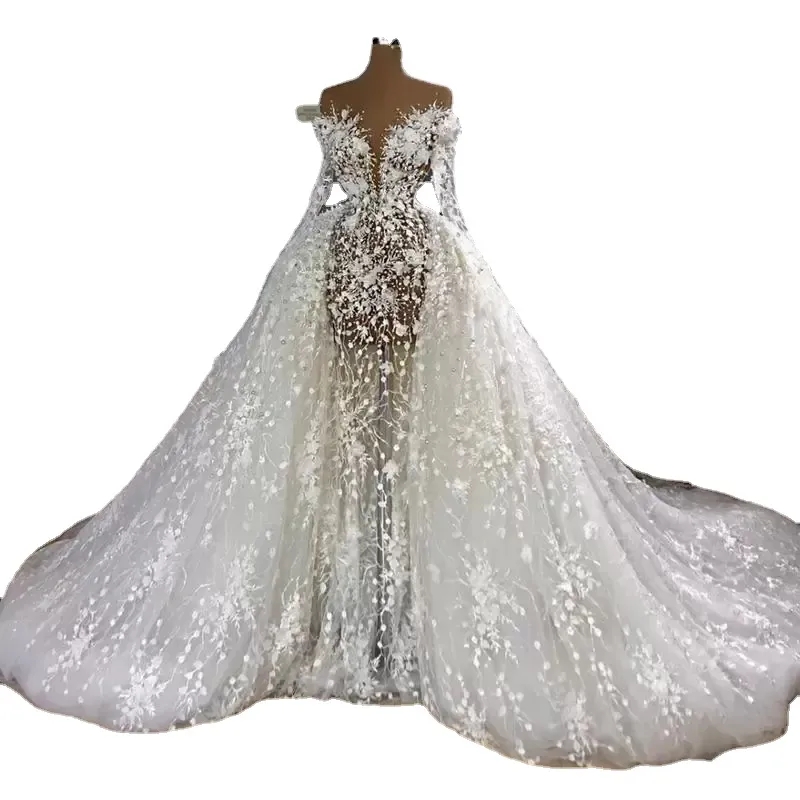 Mermaid Arabic Wedding Dresses Bridal Gowns With Detachable Train Long Illusion Sleeve Pearls Lace Appliqued Vestidos De Novia Custom Made