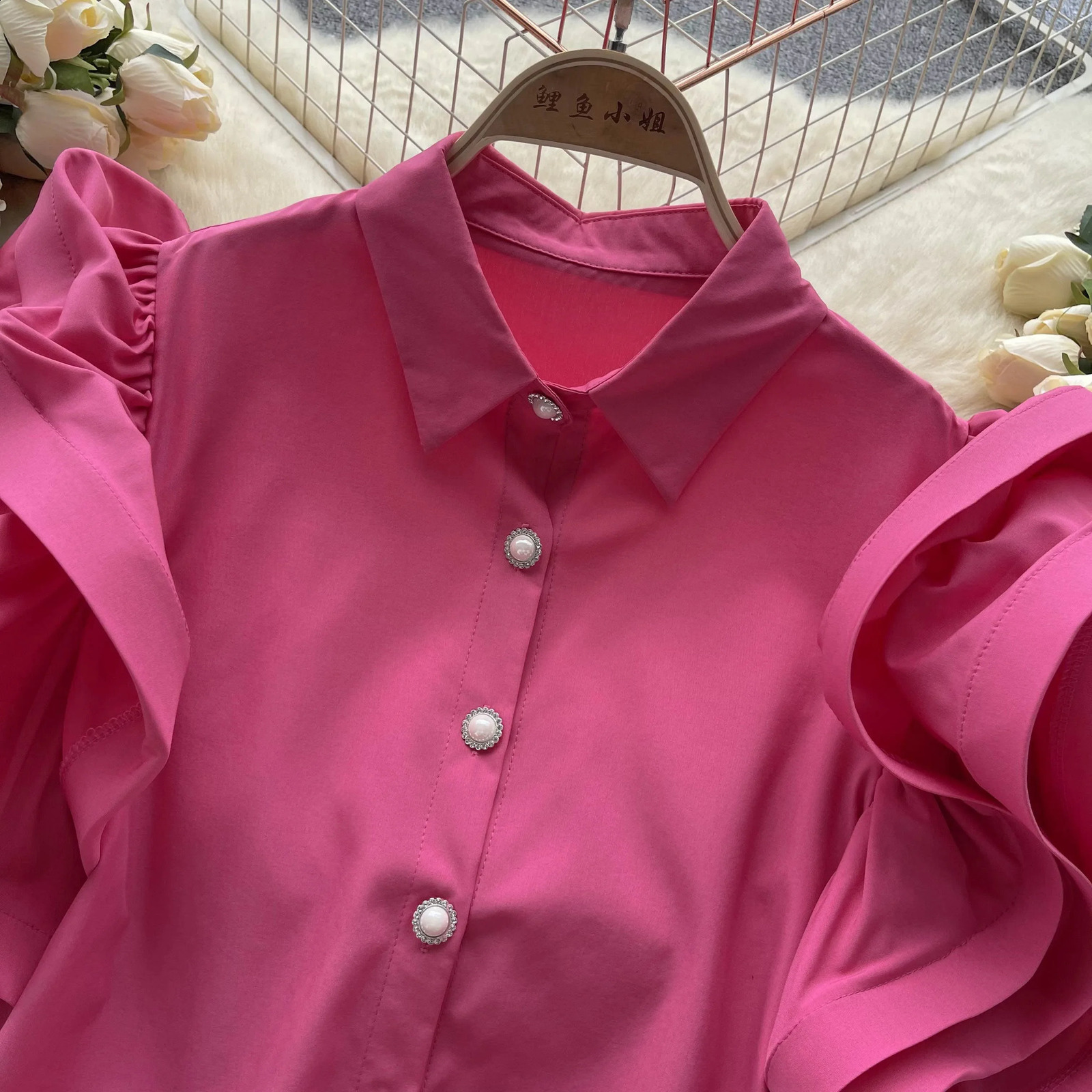 Elegant Blouse Top Women Turn-down Collar Short Sleeve Blouses Woman Solid French Chic Camisas Retro Ruffles Drop