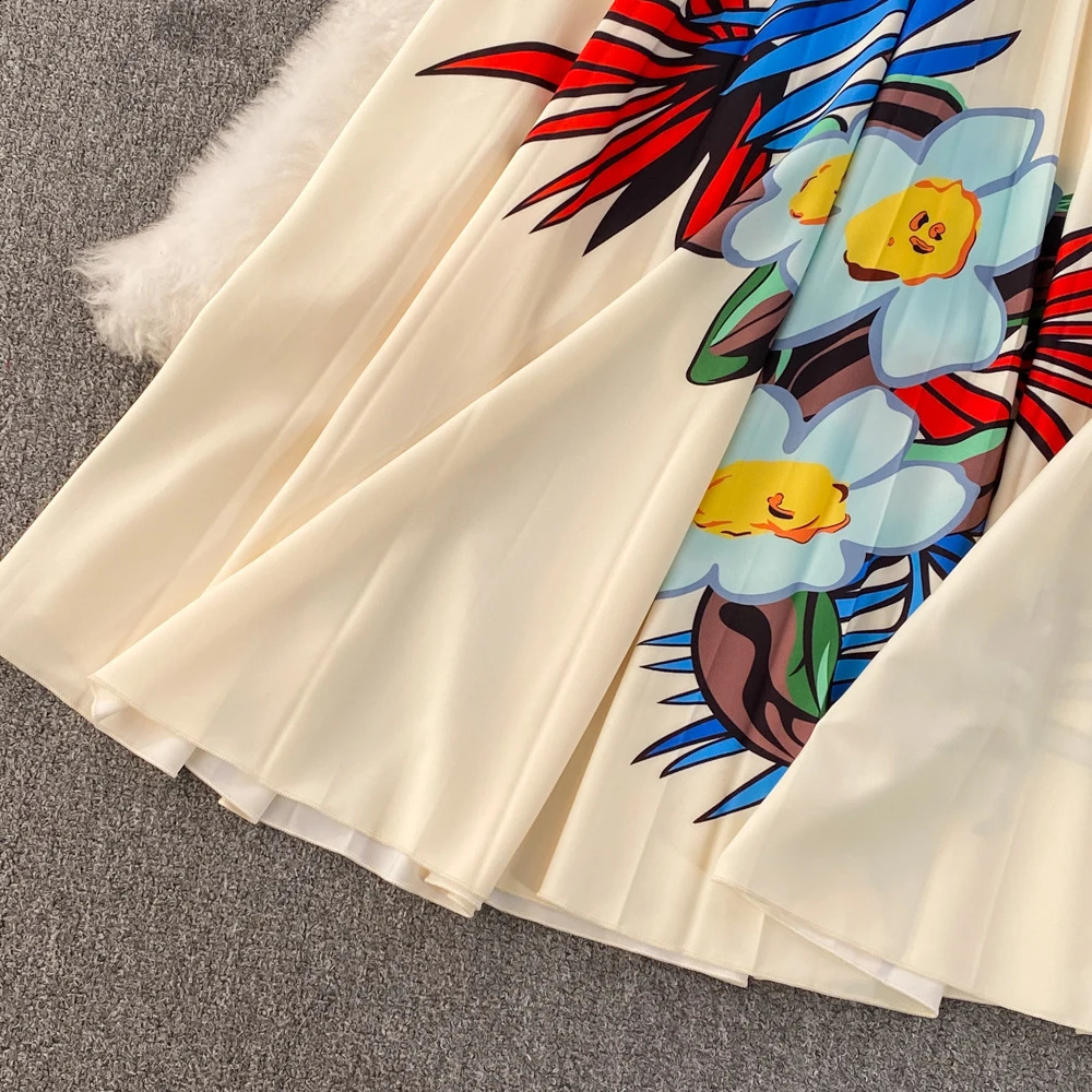 Miyake Pleated Suit for Women Summer Fashion Floral Printing Short Sleeve High Neck Top High Waist Skirt Two-Piece Set 240810