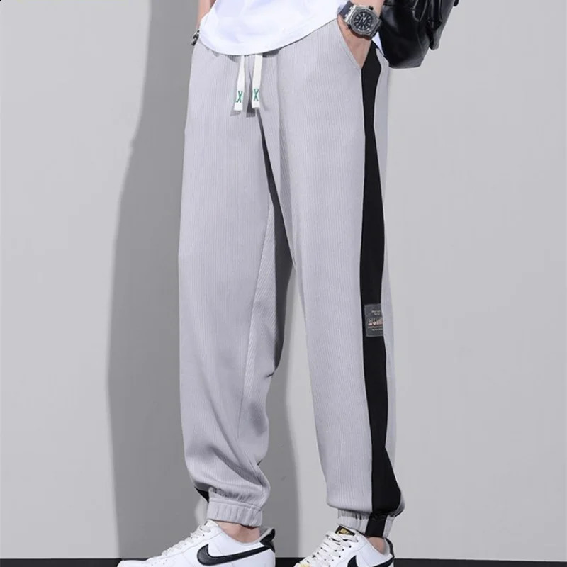 Versatile Street Thin Loose Breathable Sports Casual Pants Mens Trendy Pockets Patchwork Contrast Drawstring Straight Trousers 240822