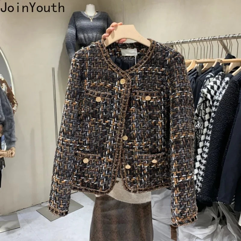 Lanjia- Vintage Jackets Women Clothing O-Neck Long Sleeve Pocket Tweed Temperament Tops Fashion Korean Cropped Coat Y2k Clothes 02056