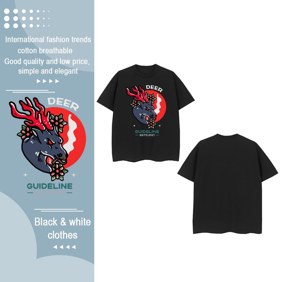 Fashion New T-Shirts for Women Breathable Short Sleeve 230g Cotton Tshirt for Man Woman Cartoon Floral Printing Deer Street Wear Loose Clothes