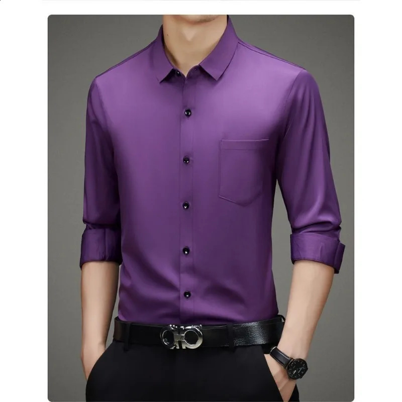 100% Mulberry Silk Shirt Men High Quality Long Sleeve Pocket High-end Business Casual Elastic Anti-wrinkle Non-iron Mens Shirts 240822