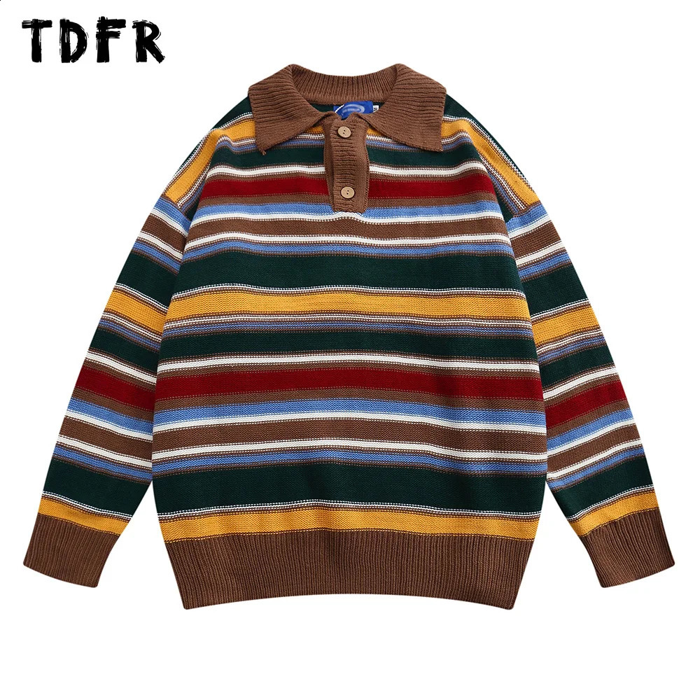 Contrast horizontal striped sweater mens autumn retro casual loose collar long sleeved knitted floral men 240821